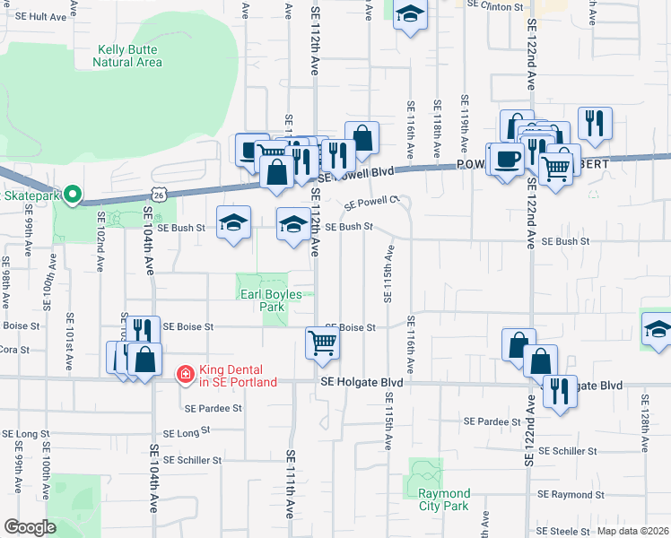 map of restaurants, bars, coffee shops, grocery stores, and more near 3937 Southeast 113th Avenue in Portland