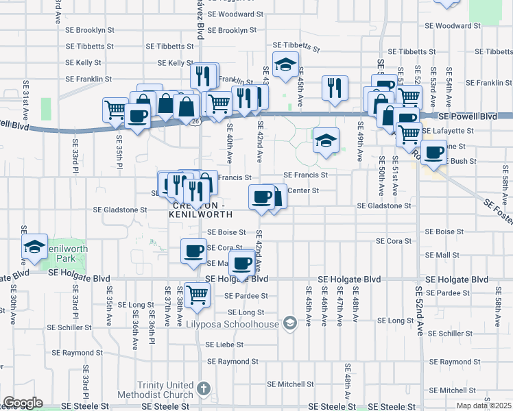 map of restaurants, bars, coffee shops, grocery stores, and more near 4135 Southeast 42nd Avenue in Portland