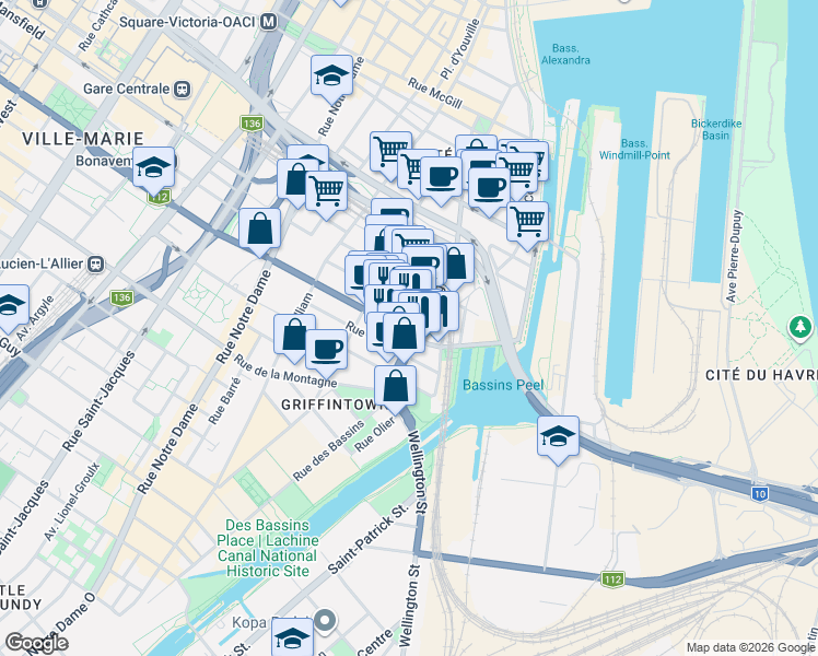 map of restaurants, bars, coffee shops, grocery stores, and more near 1045 Rue Wellington in Montréal