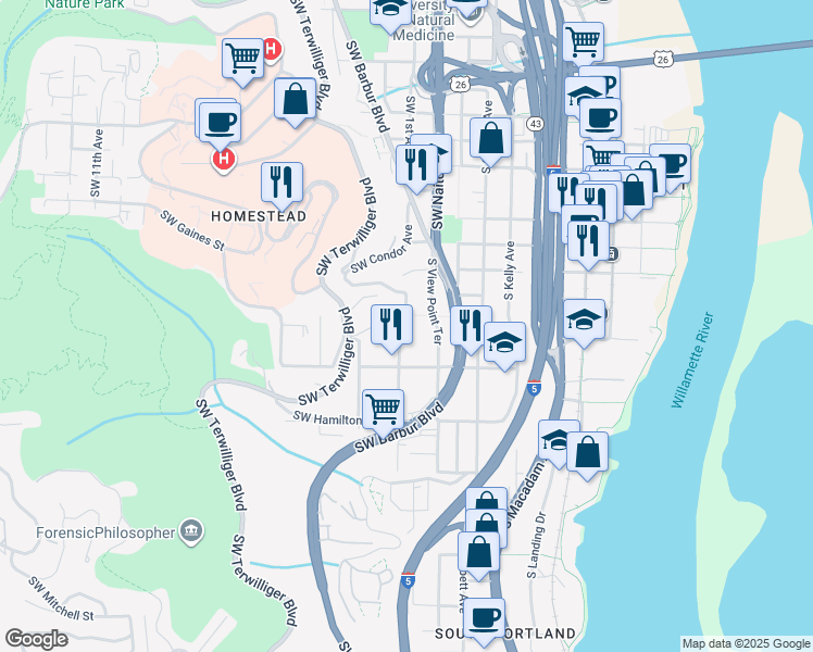 map of restaurants, bars, coffee shops, grocery stores, and more near 4112 Southwest Condor Avenue in Portland