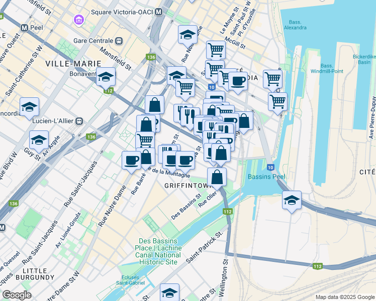 map of restaurants, bars, coffee shops, grocery stores, and more near in Montreal