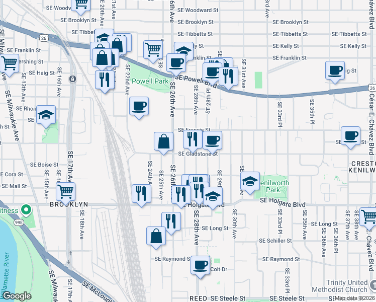 map of restaurants, bars, coffee shops, grocery stores, and more near 2711 Southeast Gladstone Street in Portland
