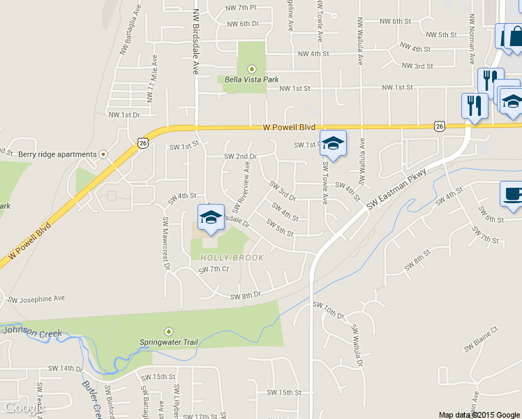 map of restaurants, bars, coffee shops, grocery stores, and more near 1883 Southwest 5th Street in Gresham