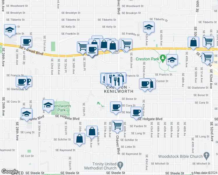 map of restaurants, bars, coffee shops, grocery stores, and more near 3723 Southeast Gladstone Street in Portland