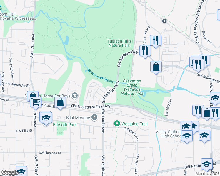 map of restaurants, bars, coffee shops, grocery stores, and more near 3621 Southwest Innovation Court in Beaverton