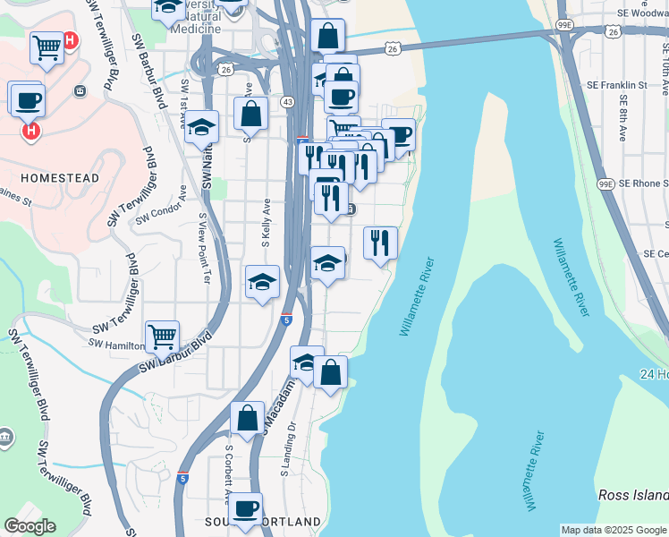 map of restaurants, bars, coffee shops, grocery stores, and more near 4120 South Moody Avenue in Portland