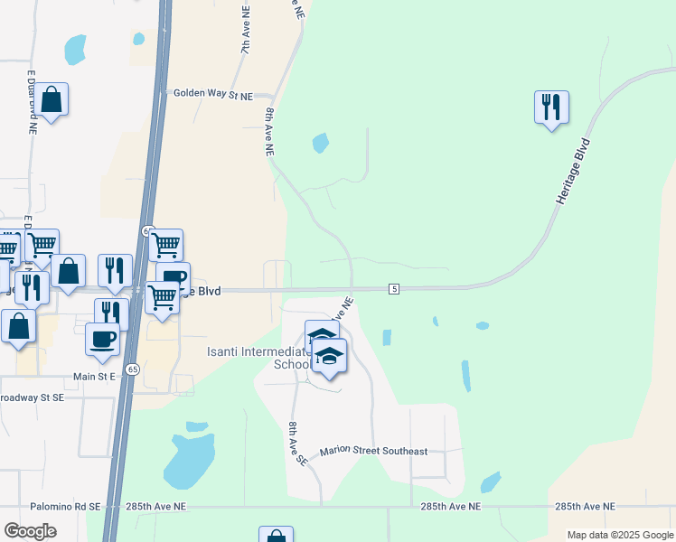 map of restaurants, bars, coffee shops, grocery stores, and more near 401 8th Avenue Northeast in Isanti