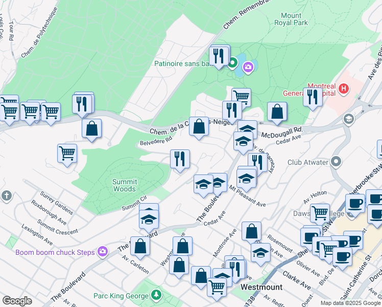 map of restaurants, bars, coffee shops, grocery stores, and more near 55 Chemin Belvédère in Westmount