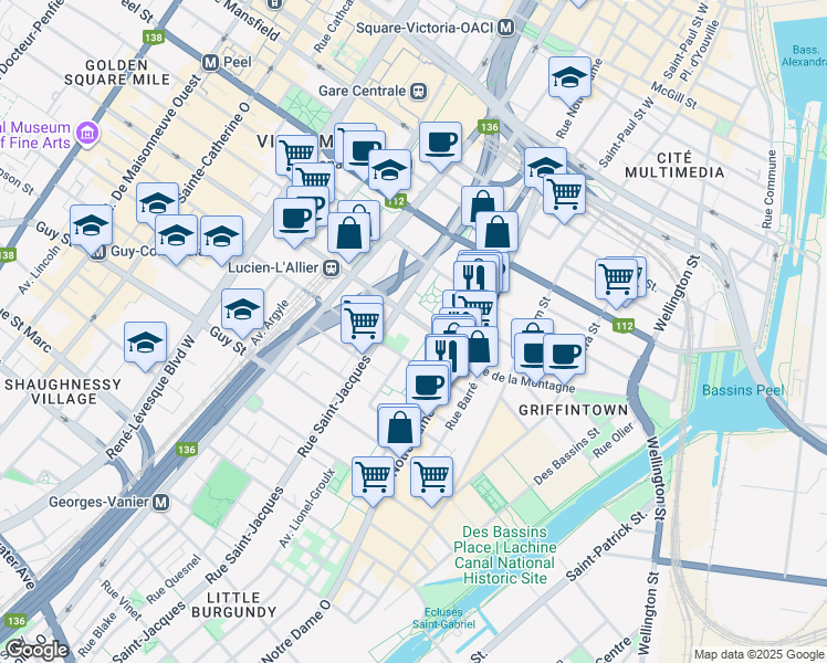 map of restaurants, bars, coffee shops, grocery stores, and more near 600 Rue de la Montagne in Montréal
