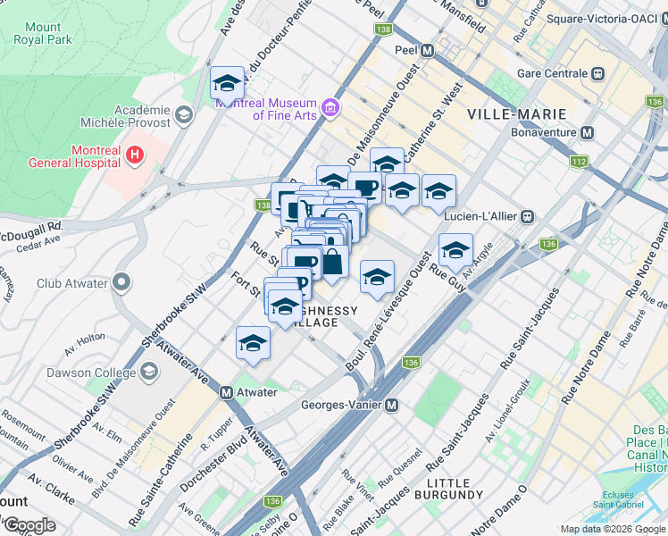 map of restaurants, bars, coffee shops, grocery stores, and more near 1804 Sainte-Catherine Street West in Montreal