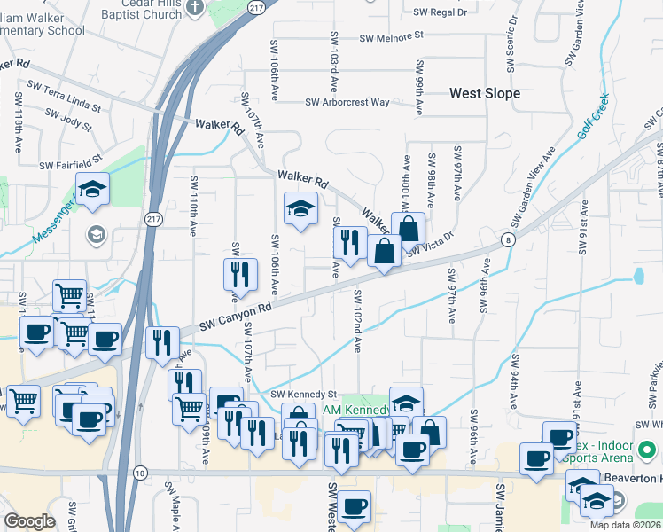map of restaurants, bars, coffee shops, grocery stores, and more near 10303 Southwest Ridgepath Lane in Beaverton