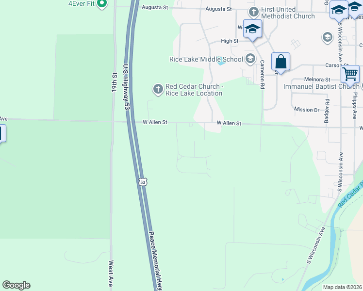 map of restaurants, bars, coffee shops, grocery stores, and more near 605 Pine Place in Rice Lake