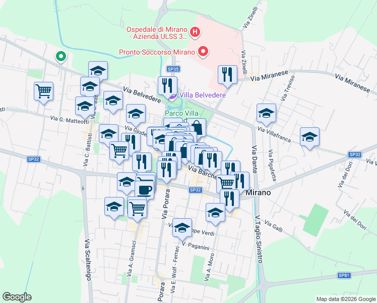 map of restaurants, bars, coffee shops, grocery stores, and more near 16 Via Bastia Fuori in Mirano