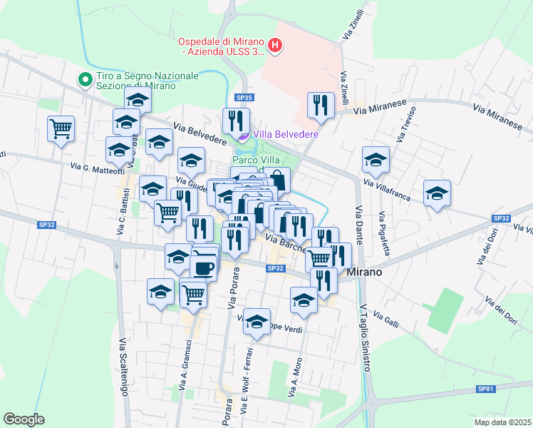 map of restaurants, bars, coffee shops, grocery stores, and more near 16 Via Bastia Fuori in Mirano