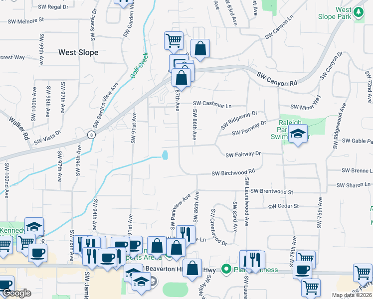map of restaurants, bars, coffee shops, grocery stores, and more near 8650 Southwest Fairway Drive in Portland