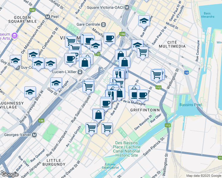 map of restaurants, bars, coffee shops, grocery stores, and more near in Montreal