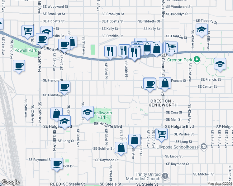 map of restaurants, bars, coffee shops, grocery stores, and more near 4028 Southeast 34th Avenue in Portland