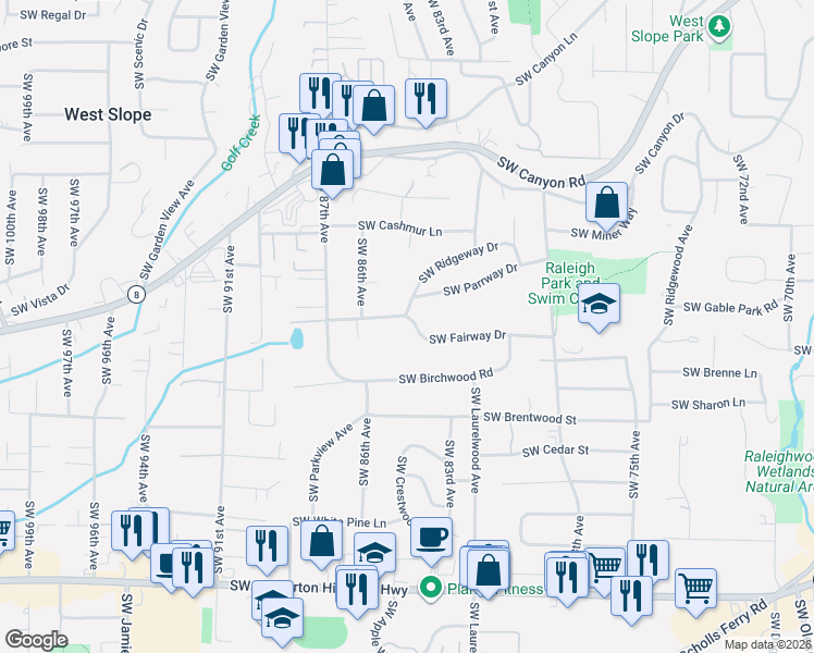 map of restaurants, bars, coffee shops, grocery stores, and more near 8460 Southwest Fairway Drive in Portland