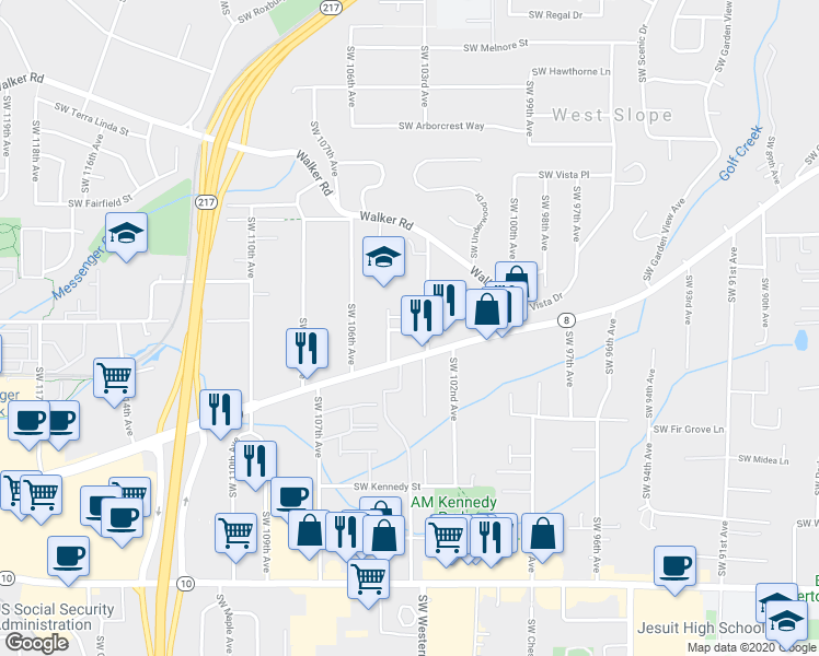 map of restaurants, bars, coffee shops, grocery stores, and more near 10327 Southwest Ridgepath Lane in Beaverton