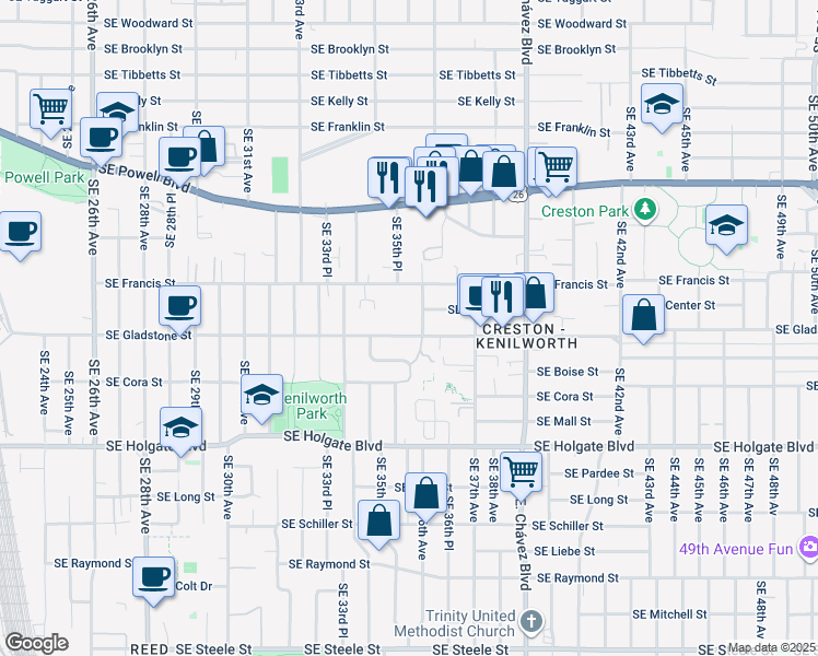 map of restaurants, bars, coffee shops, grocery stores, and more near 3535 Southeast Gladstone Street in Portland