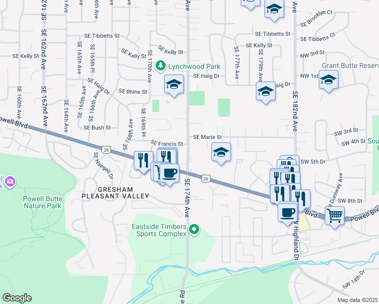 map of restaurants, bars, coffee shops, grocery stores, and more near 3980 Southeast 174th Avenue in Portland