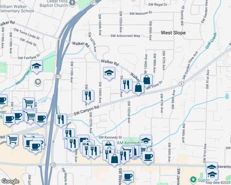 map of restaurants, bars, coffee shops, grocery stores, and more near 10395 Southwest Ridgepath Lane in Beaverton