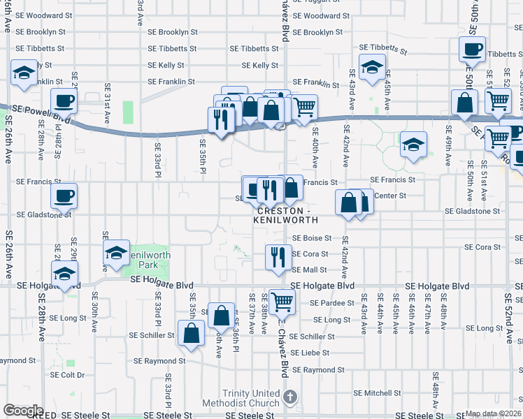 map of restaurants, bars, coffee shops, grocery stores, and more near 3723 Southeast Gladstone Street in Portland