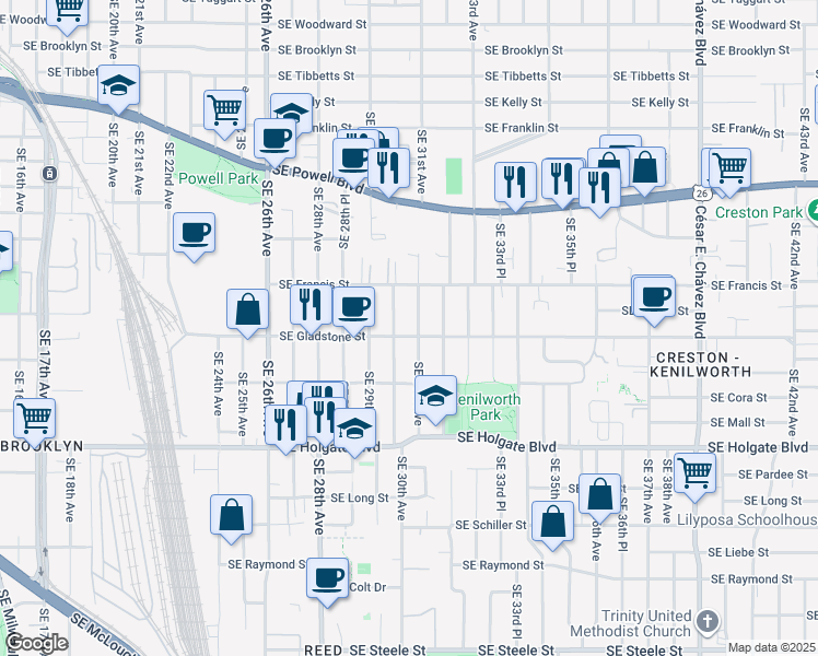 map of restaurants, bars, coffee shops, grocery stores, and more near 3023 Southeast Gladstone Street in Portland