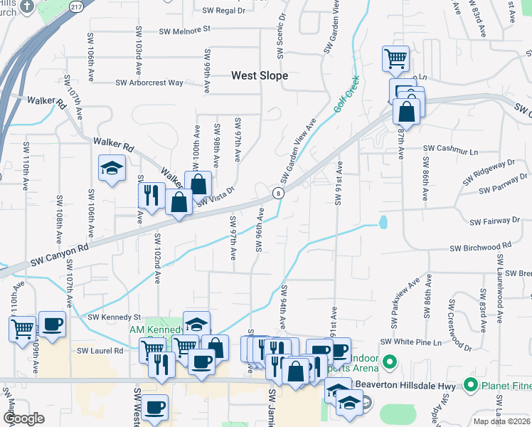 map of restaurants, bars, coffee shops, grocery stores, and more near 9570 Southwest Canyon Road in Portland