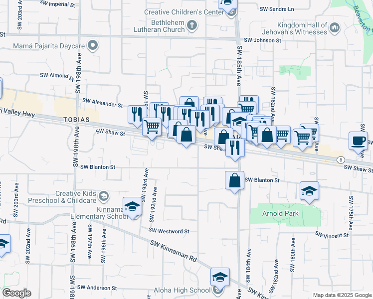 map of restaurants, bars, coffee shops, grocery stores, and more near 18840 Southwest Shaw Street in Aloha