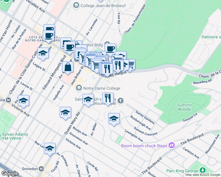 map of restaurants, bars, coffee shops, grocery stores, and more near Rue Coronet in Montréal