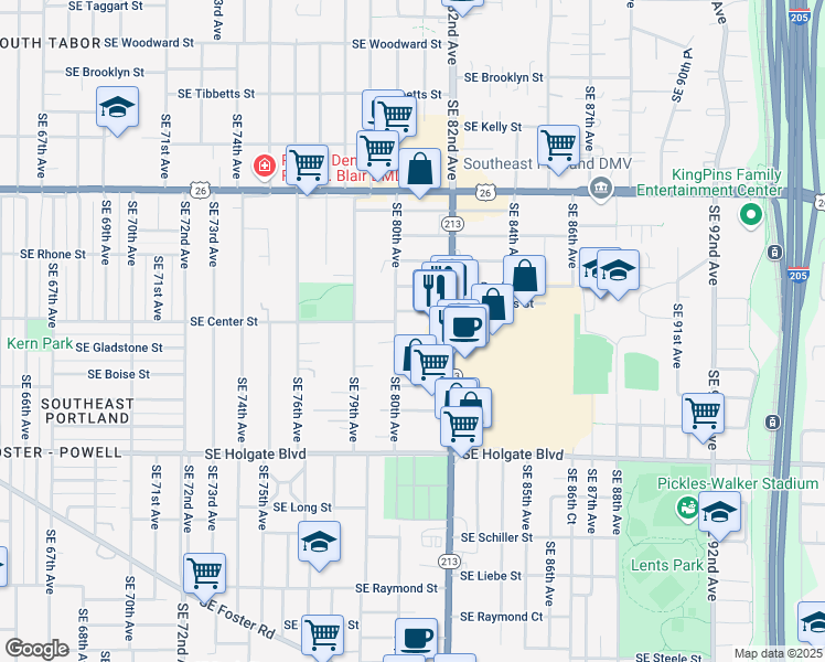 map of restaurants, bars, coffee shops, grocery stores, and more near 8039 Southeast Center Street in Portland