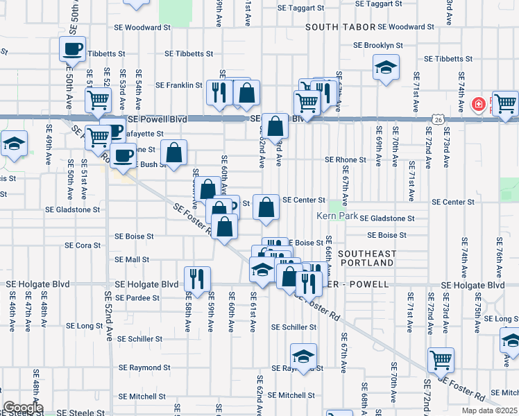 map of restaurants, bars, coffee shops, grocery stores, and more near 4081 Southeast 62nd Avenue in Portland