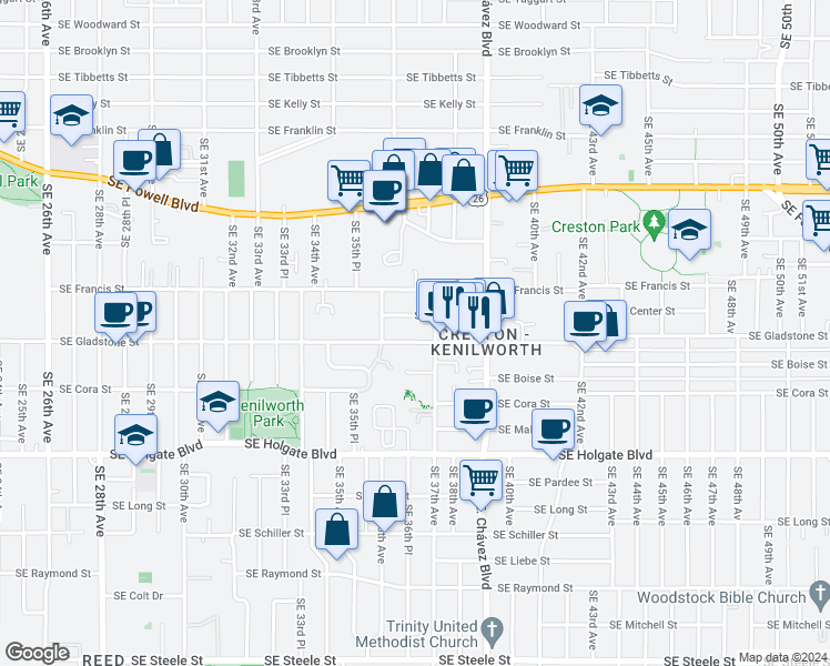 map of restaurants, bars, coffee shops, grocery stores, and more near 3675-3685 Southeast Gladstone Street in Portland