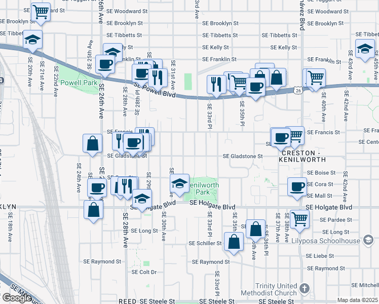 map of restaurants, bars, coffee shops, grocery stores, and more near 3207 Southeast Gladstone Street in Portland