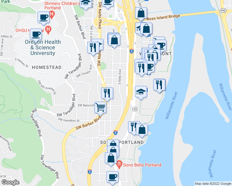 map of restaurants, bars, coffee shops, grocery stores, and more near 4128 South Corbett Avenue in Portland