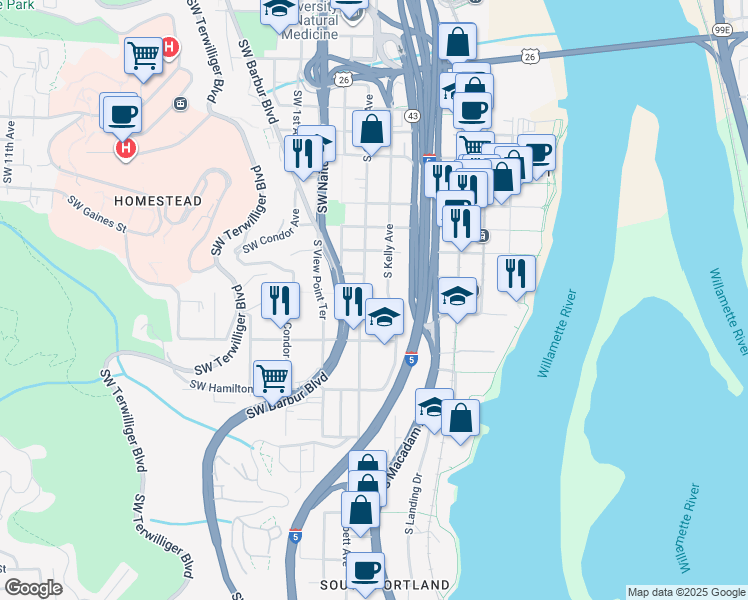map of restaurants, bars, coffee shops, grocery stores, and more near 4128 South Corbett Avenue in Portland