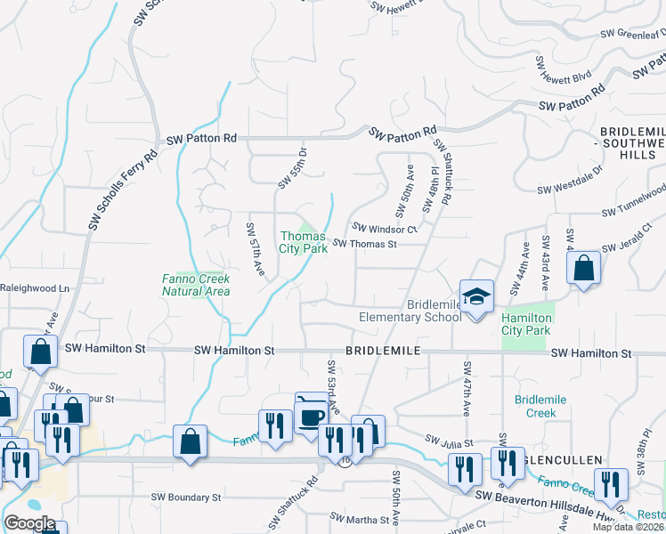 map of restaurants, bars, coffee shops, grocery stores, and more near 4120 Southwest 53rd Avenue in Portland