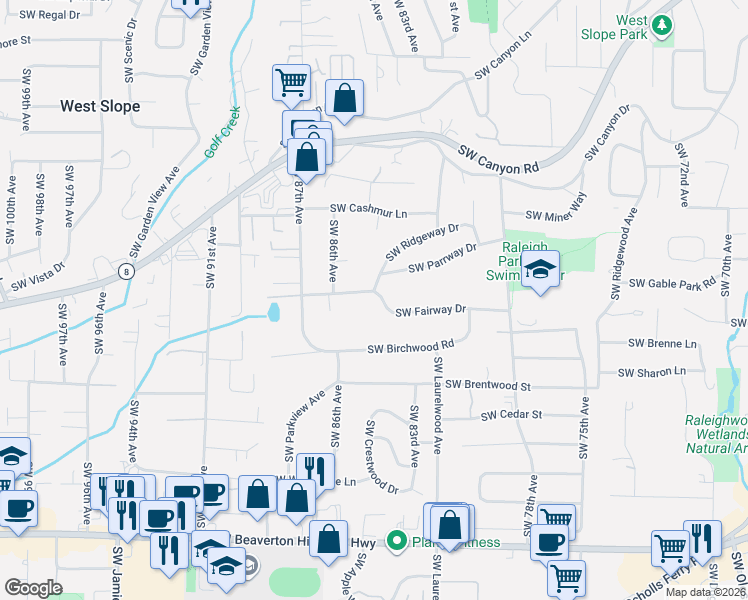 map of restaurants, bars, coffee shops, grocery stores, and more near 8375 Southwest Fairway Drive in Portland