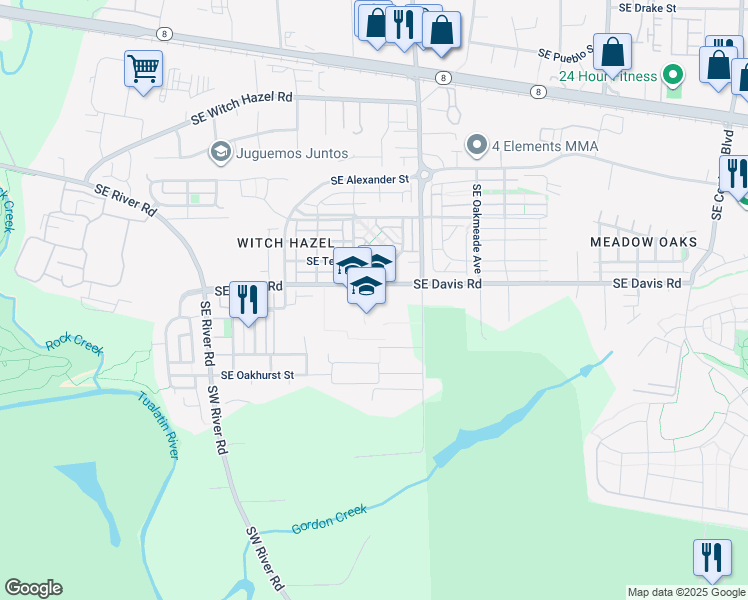 map of restaurants, bars, coffee shops, grocery stores, and more near 4950 Southeast Davis Road in Hillsboro