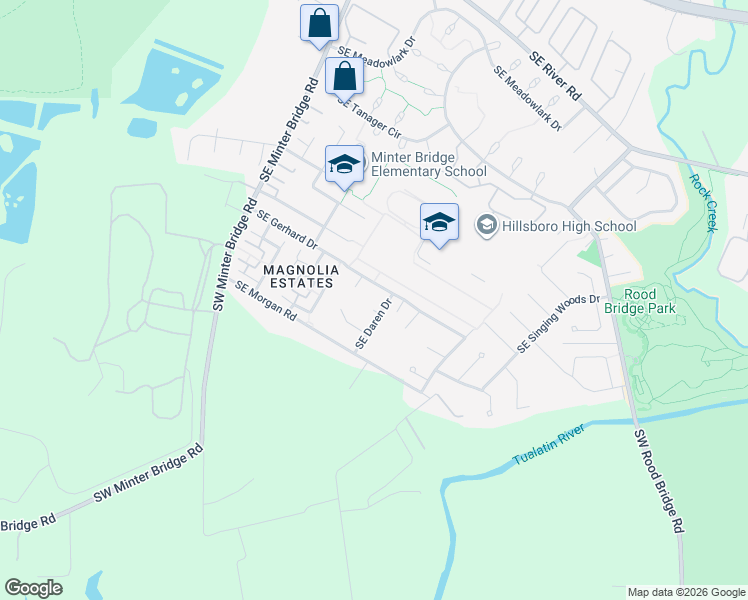 map of restaurants, bars, coffee shops, grocery stores, and more near 3565 Southeast Daren Drive in Hillsboro