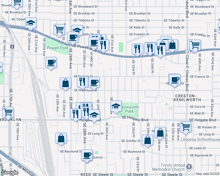 map of restaurants, bars, coffee shops, grocery stores, and more near 3023 Southeast Gladstone Street in Portland