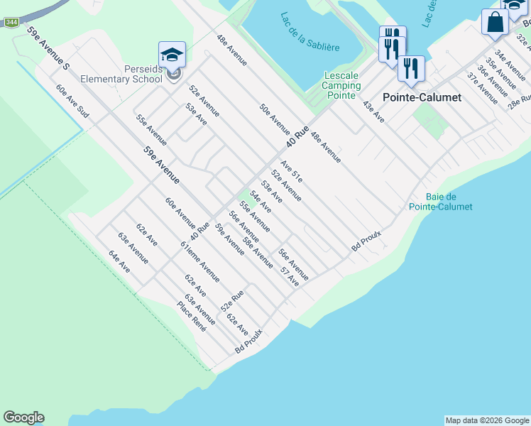 map of restaurants, bars, coffee shops, grocery stores, and more near 235 Avenue 54e in Pointe-Calumet