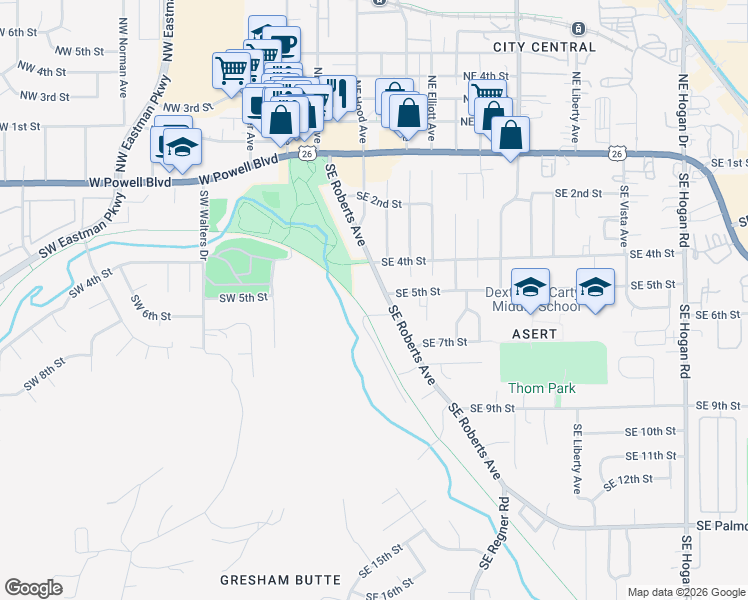 map of restaurants, bars, coffee shops, grocery stores, and more near 525 Southeast Park Drive in Gresham