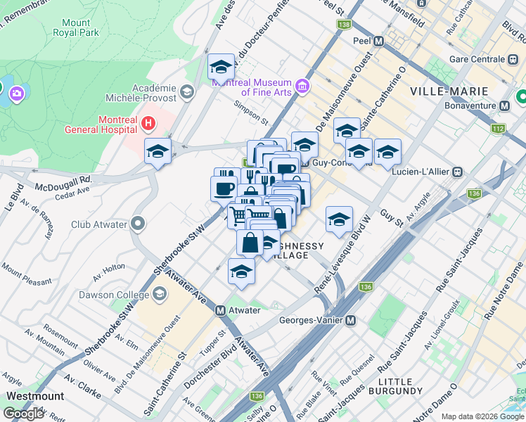map of restaurants, bars, coffee shops, grocery stores, and more near 2000 Rue Saint Marc in Montreal