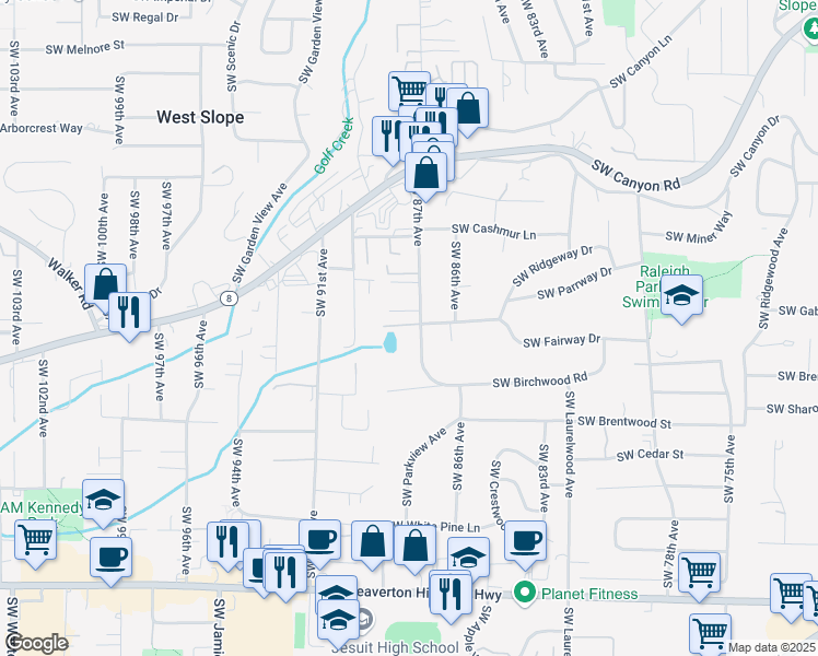 map of restaurants, bars, coffee shops, grocery stores, and more near 3635 Southwest 87th Avenue in Portland