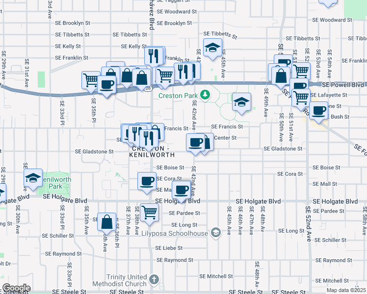 map of restaurants, bars, coffee shops, grocery stores, and more near 4071 Southeast Gladstone Street in Portland