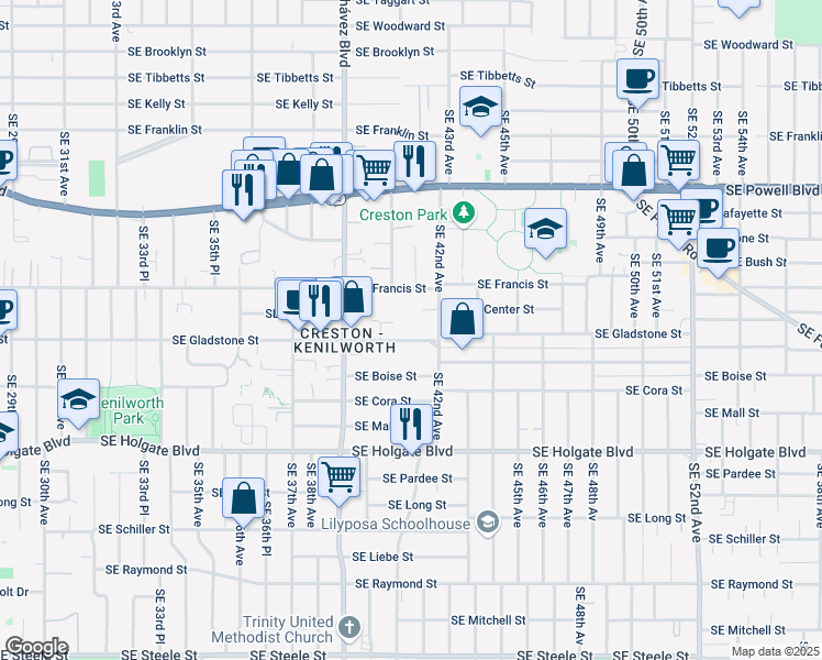 map of restaurants, bars, coffee shops, grocery stores, and more near 4055 Southeast Gladstone Street in Portland