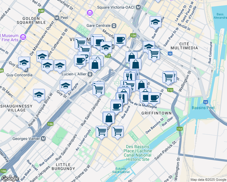 map of restaurants, bars, coffee shops, grocery stores, and more near 600 Rue de la Montagne in Montréal