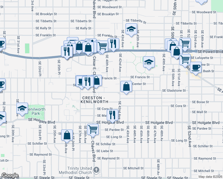 map of restaurants, bars, coffee shops, grocery stores, and more near 4043 Southeast Gladstone Street in Portland